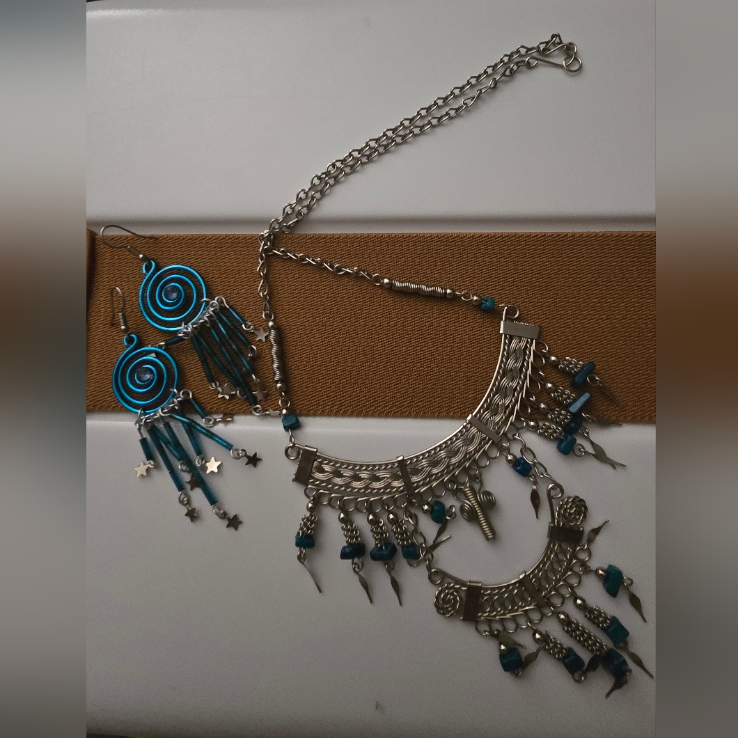 Vintage Silver Tone With Blue Bohemian Necklace And Earring Set
